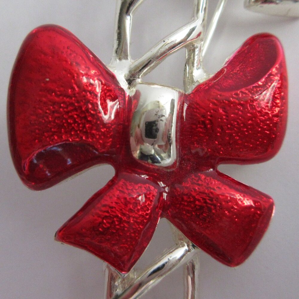 Candy Cane Brooch Pin Enamal Red Bow Holiday Christmas Silver Tone Openwork - Picture 3 of 9
